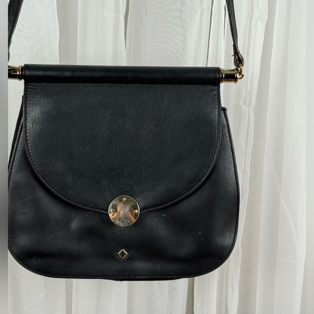Antonio Melani Black Leather Crossbody Flap Bag Gold Hardware - Picture 2 of 14